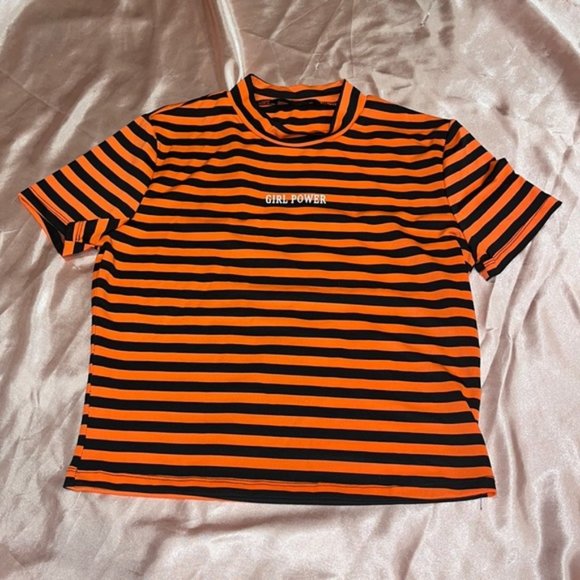 SHEIN orange and black striped “girl power” shirt - Picture 1 of 3